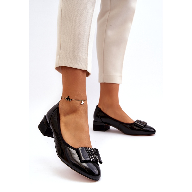 Vinceza Lakirane kožne salonke s mašnom na bloku, crne crna 2