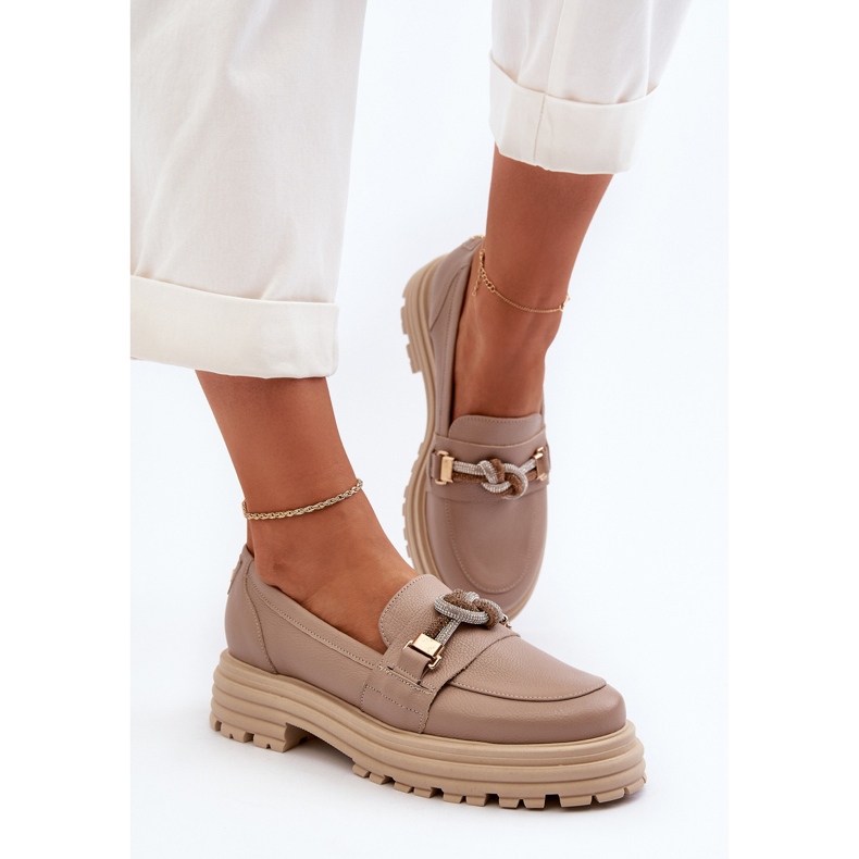 Ženske kožne mokasine s ukrasom Laura Messi 2780 Tamno bež 1