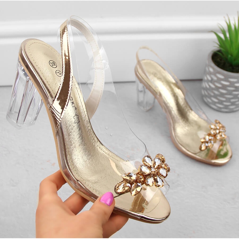 Prozirne ženske sandale na visoku petu sa zlatnim cirkonima Potocki WS43305 1