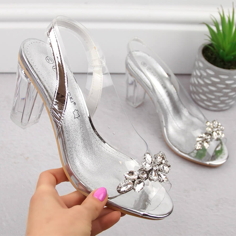 Prozirne ženske sandale na visoku petu sa srebrnim cirkonima Potocki WS43305 srebro 1