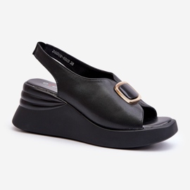 Kožne ženske sandale na tanku s ukrasom, crne Salvania crno 1