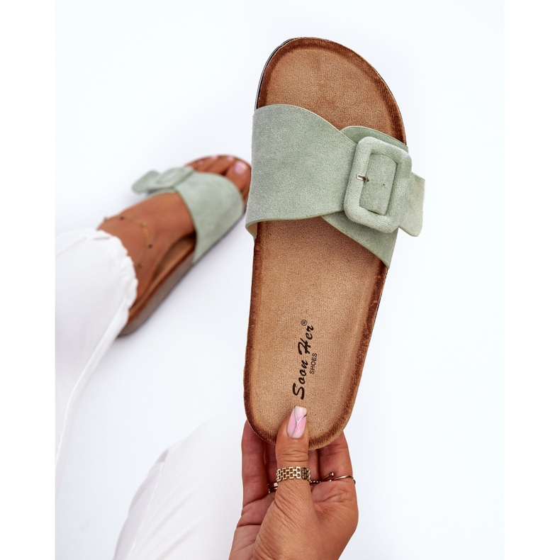 Ženske eko japanke od brušene kože s kopčom, mint Laeltia zelena 1