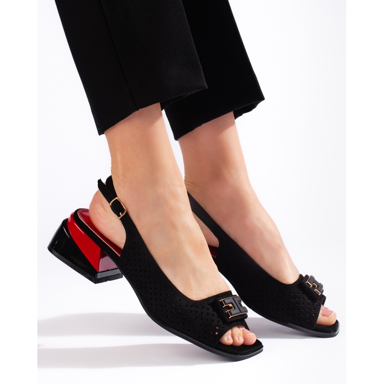 Goodin Ženske ažur sandale na nisku petu, crne crna 2