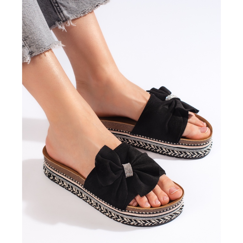 Crne japanke od brušene kože s mašnom crna 2