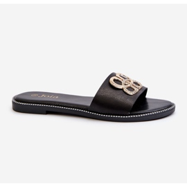 Ženske japanke s ukrasom od eko kože na ravnu petu, crne Sadria crna 1