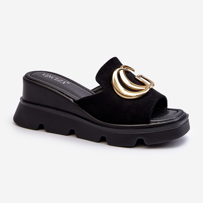 Vinceza Ženske japanke od eko antilopa na platformu sa zlatnim ukrasom, crna Iaria crno 1
