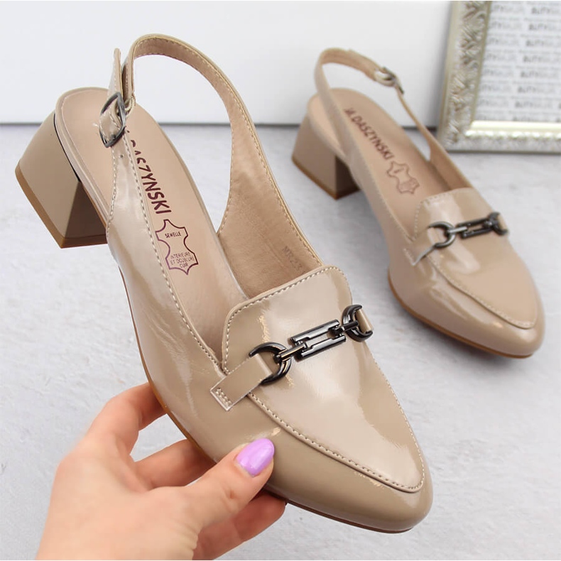 M. DASZYŃSKI Lakirane ženske pune sandale na visoku petu, bež M.Daszyński MR23112-4 1