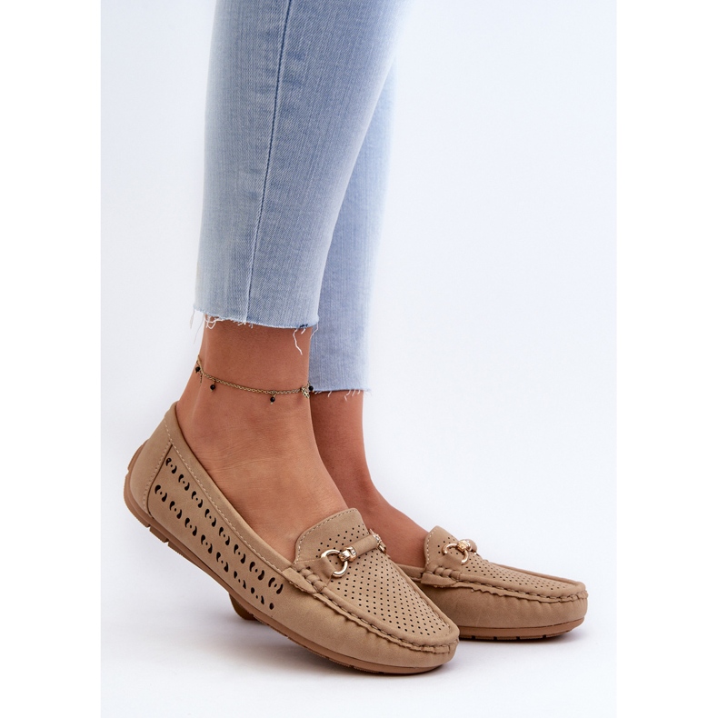 Ženske ažurne mokasine s ukrasom, smeđe Kaydance bež 2