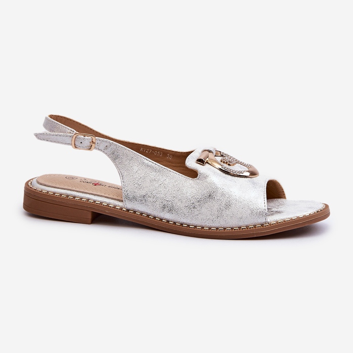 Elegantne ženske sandale sa zlatnim ukrasom na ravnu petu, srebrne S.Barski KV27-053 srebro 1