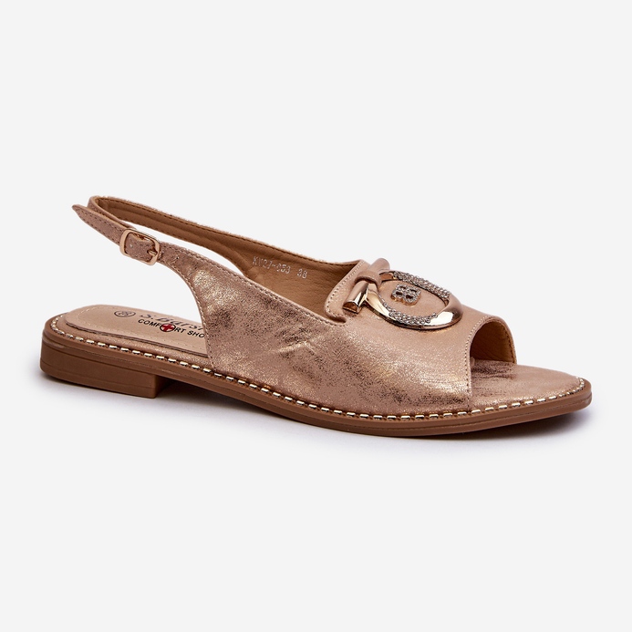 Elegantne ženske sandale sa zlatnim ukrasom na ravnu petu, ružičasto zlatne S.Barski KV27-053 zlatna 1