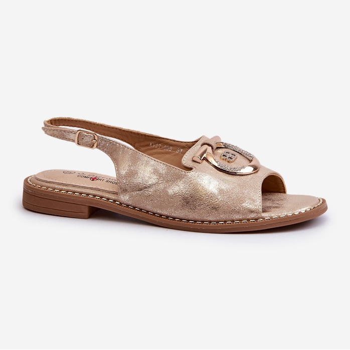 Elegantne ženske sandale sa zlatnim ukrasom na ravnu petu, zlatne S.Barski KV27-053 zlatna 1