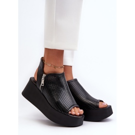 Zazoo 1792 Kožne ažurne sandale na klin, crne crno 2