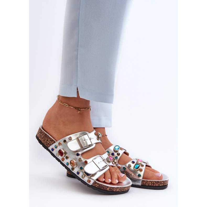 Ukrašene ženske japanke s kopčama S.Barski MY121 srebrne srebro 2