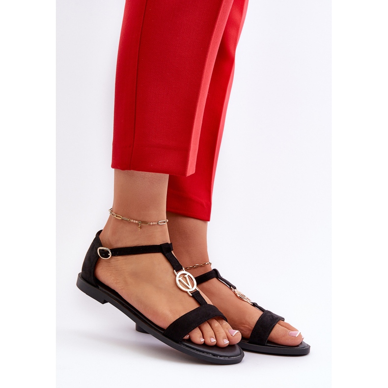 Ženske ravne sandale sa zlatnim ukrasom Vinceza 17321 crne crno 2