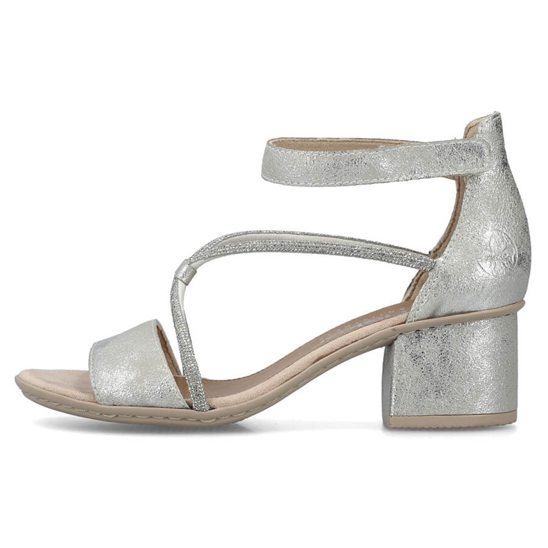 Udobne ženske sandale na visoku petu s čičkom, srebrne Rieker 64654-40 srebro 1