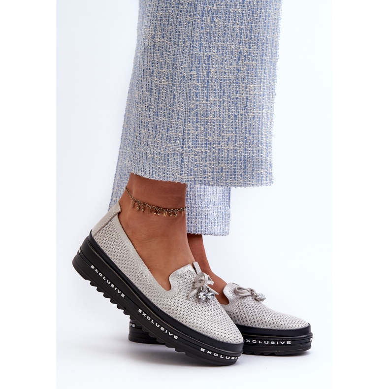 Sjajne ženske kožne mokasine na platformi S.Barski LR400 Srebrne srebro 2