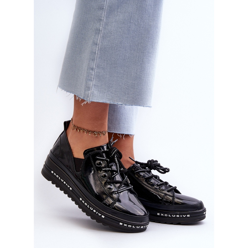 Ženske cipele na vezanje na platformu od prirodne kože S.Barski LR620 crne crno 2