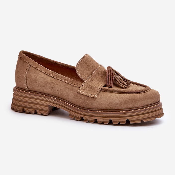 Zazoo 3469 Ženske mokasine od brušene kože s resama, bež 1