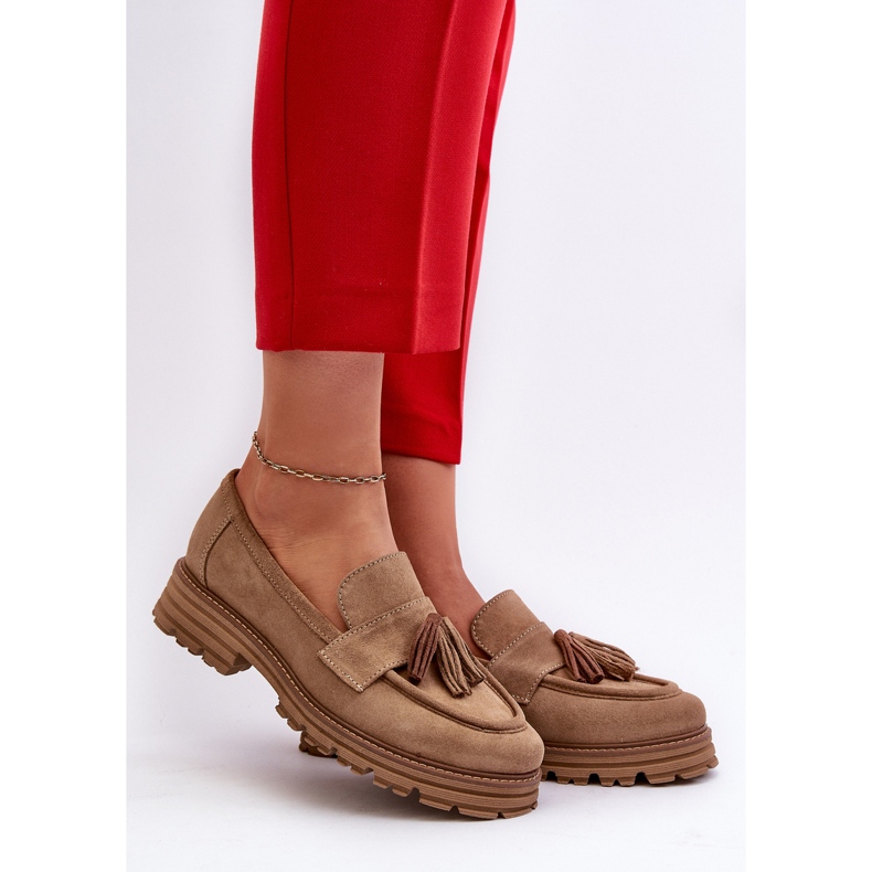 Zazoo 3469 Ženske mokasine od brušene kože s resama, bež 2