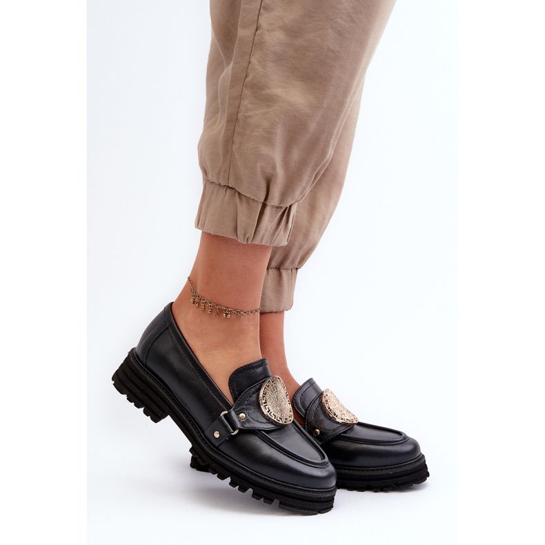 Zazoo 3485 Ženske mokasine sa zlatnim ukrasom, prirodna koža crno 2