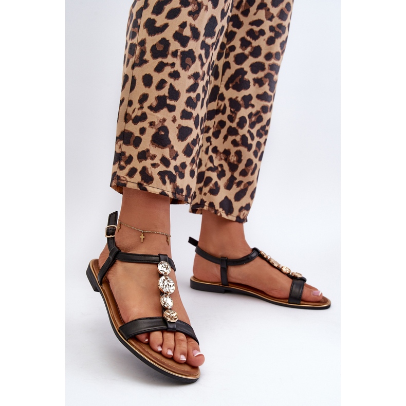 Ženske ravne sandale s ukrasima Black Muridia crna 2