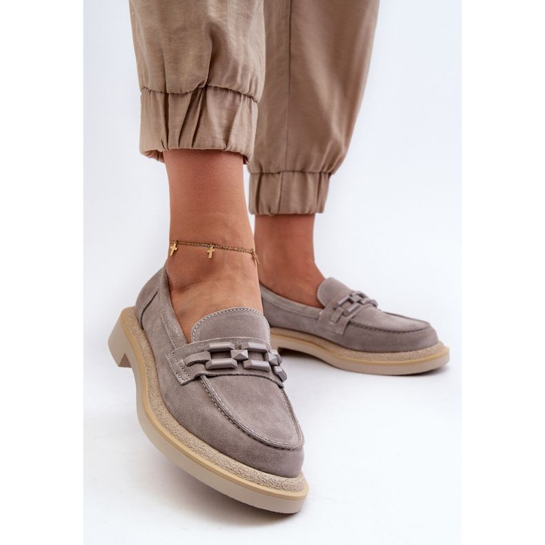 S.Barski Ženske mokasine od brušene kože na ravnu petu s ukrasom D&amp;A TW101 sive siva 2