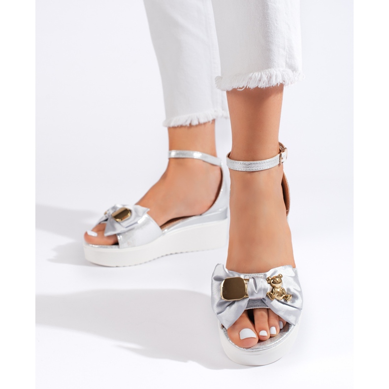 Seastar Srebrne ženske sandale na wedges s mašnom srebro 1