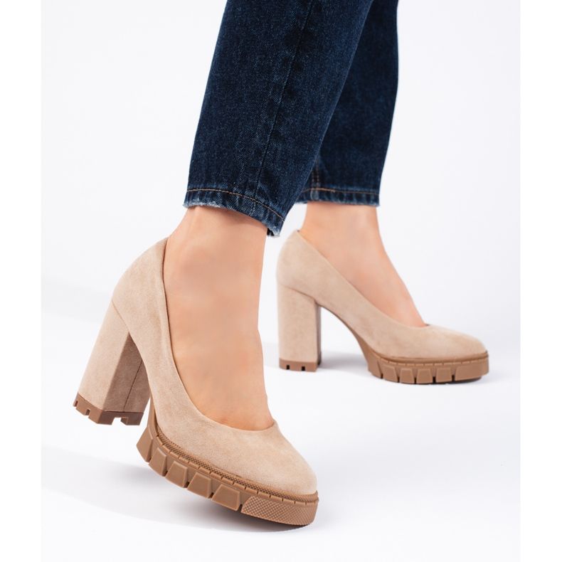 Ženske bež cipele s visokom petom od brušene kože 1
