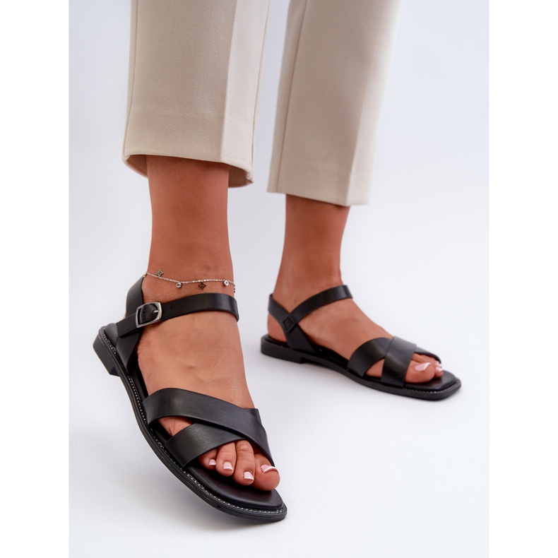 Ravne ženske sandale od eko kože S.Barski KV27-003 crne crno 2