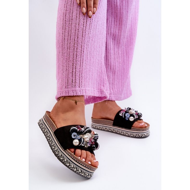 Ženske japanke na platformu s ukrasima S.Barski HY077 crne crno 2