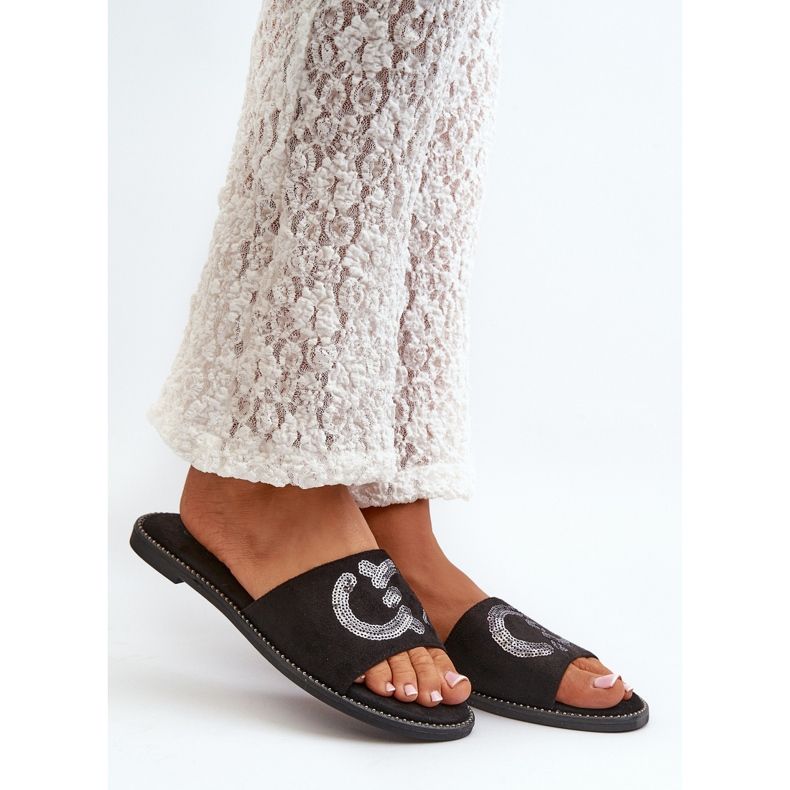 Ženske ravne japanke sa šljokicama S.Barski KV27-052 crne crno 2