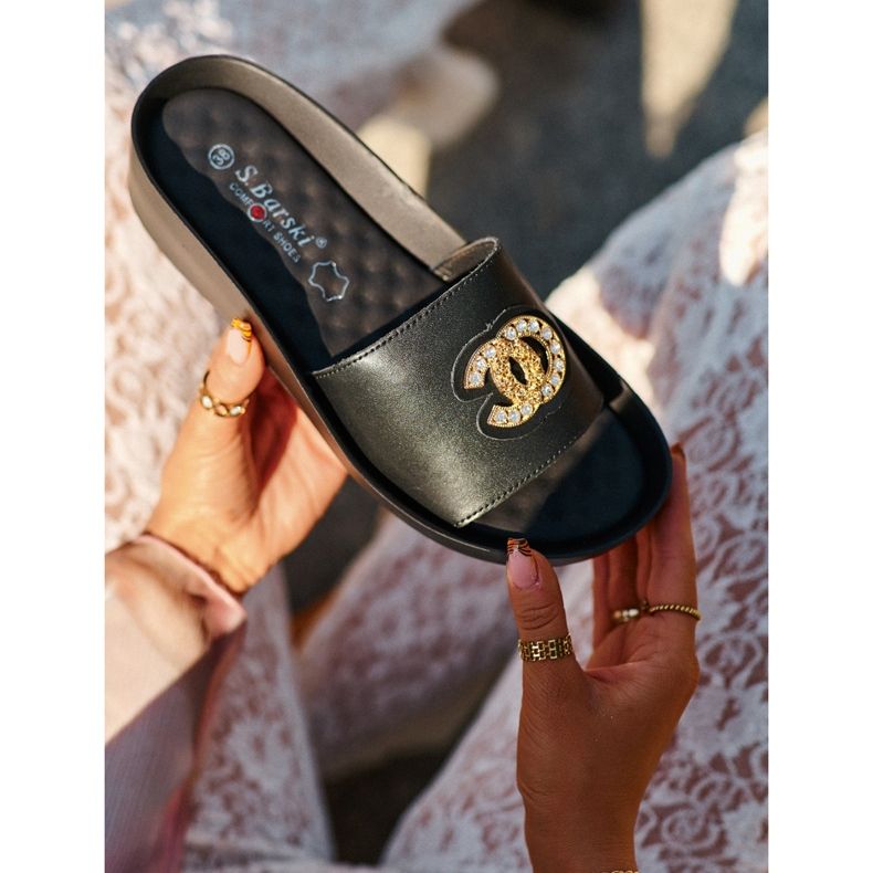 Elegantne, lagane ženske japanke s ukrasom, prirodna koža S.Barski KV27-013, crne crna 2