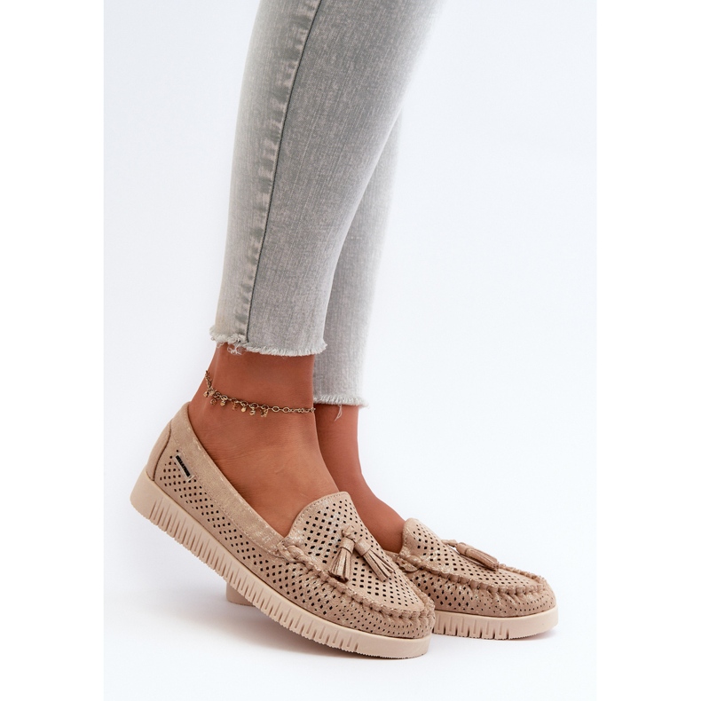Ženske ažurne mokasine od eko brušene kože, zlatni tinami 2