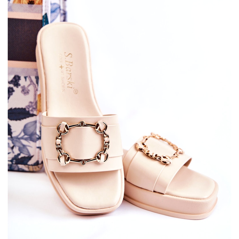 S.Barski Modne ženske bež kožne japanke sa zlatnim ukrasima 3