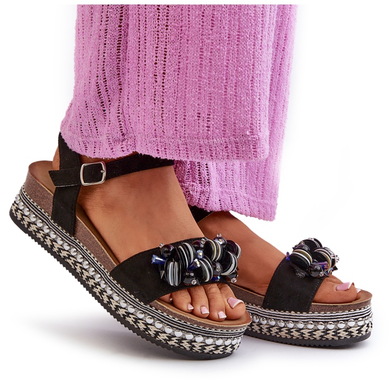 S.Barski Ženske sandale na klinu i platformi s ukrasima S. Barski HY056 Black crna 4