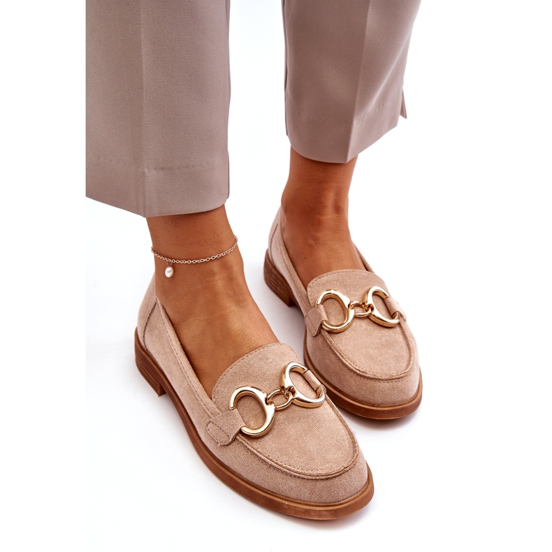 Vinceza Ženske bež mokasine od brušene kože sa zlatnim ukrasima 2