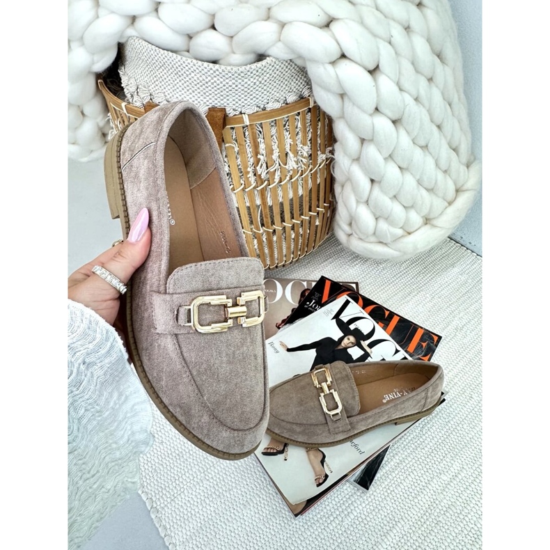 Ženske mokasine od brušene kože s ravnom petom, tamno bež Misal 1