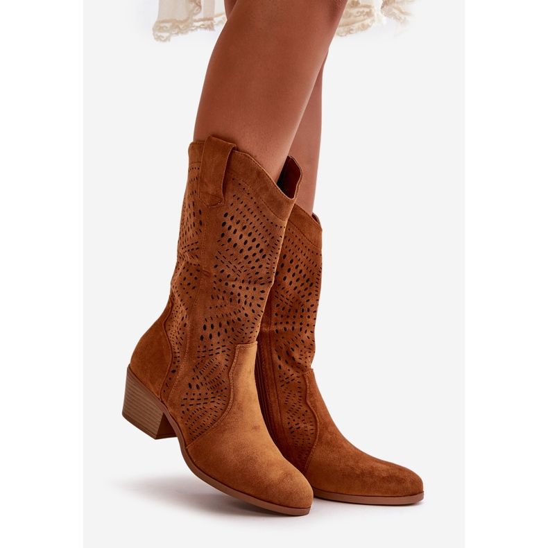 Ažurirane ženske kaubojske čizme s Camel Iceda visokim petama smeđa 1