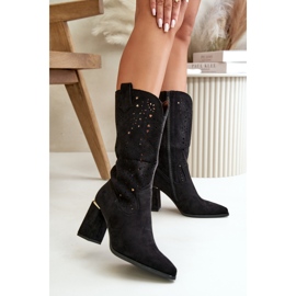 Ženske ažurne čizme na visoku petu sa špicastim vrhovima, eko antilop crna Nevithra 2