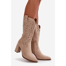 Ženske ažur čizme na visoku petu sa špicastim vrhovima, eko antilop bež nevithra 1