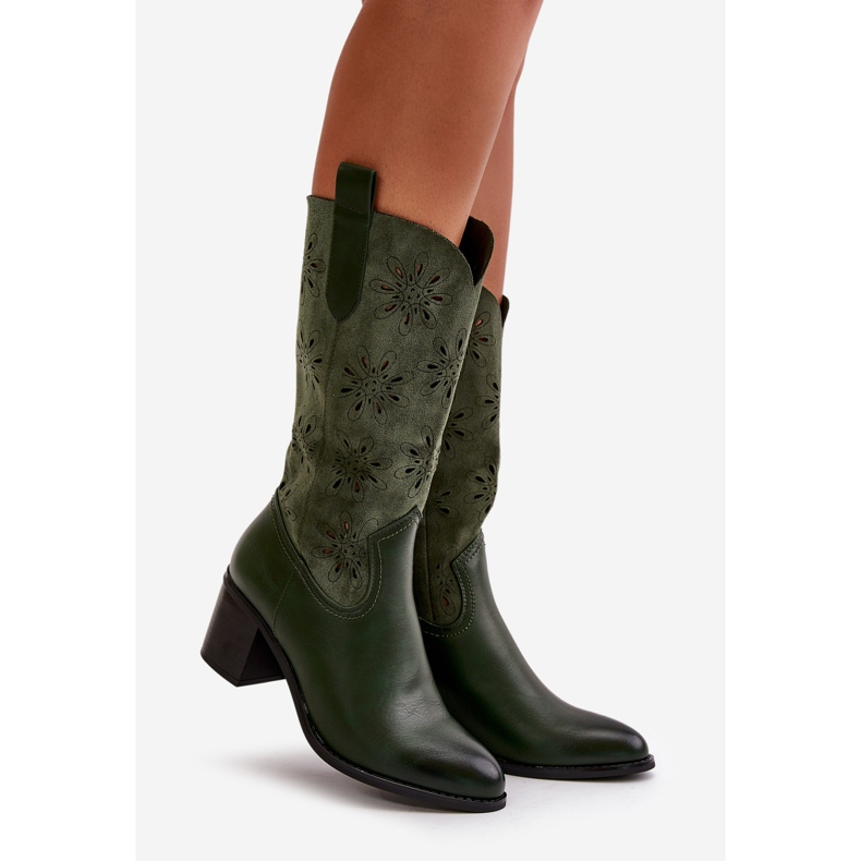 Jezzi Ženske ažurne čizme do sredine listova izrađene od eko antilop zelene boje Nevilos zelena 1