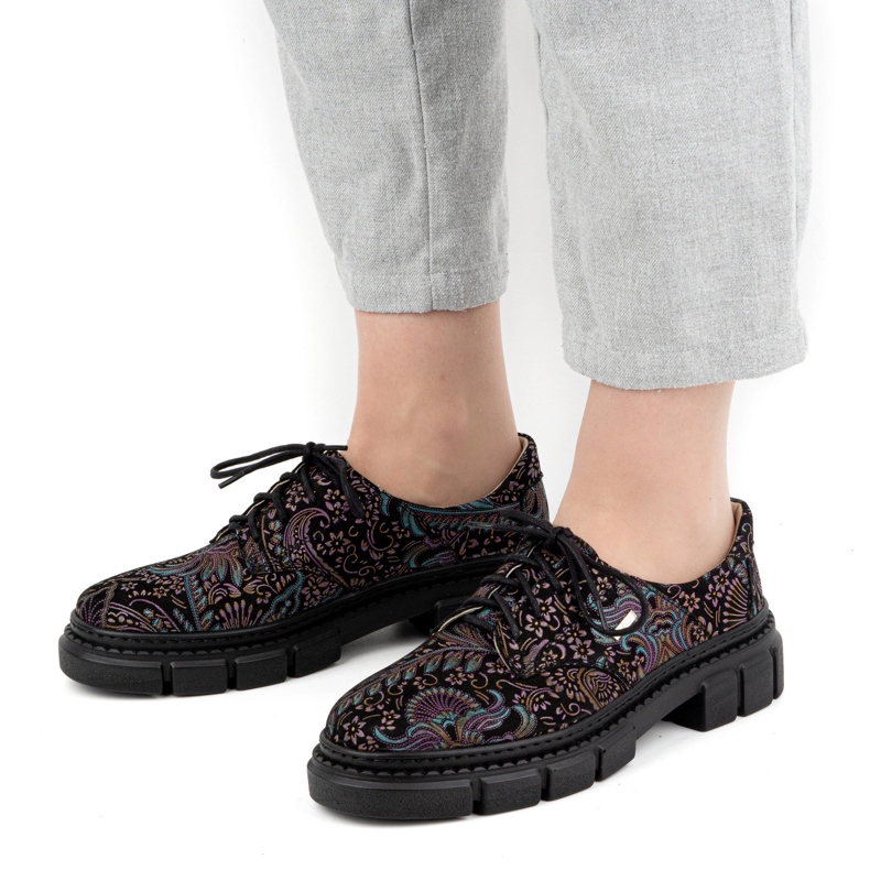 Olivier Ženske kožne cipele sa debelim đonom, cvjetići 1134, tirkiz višebojan 1