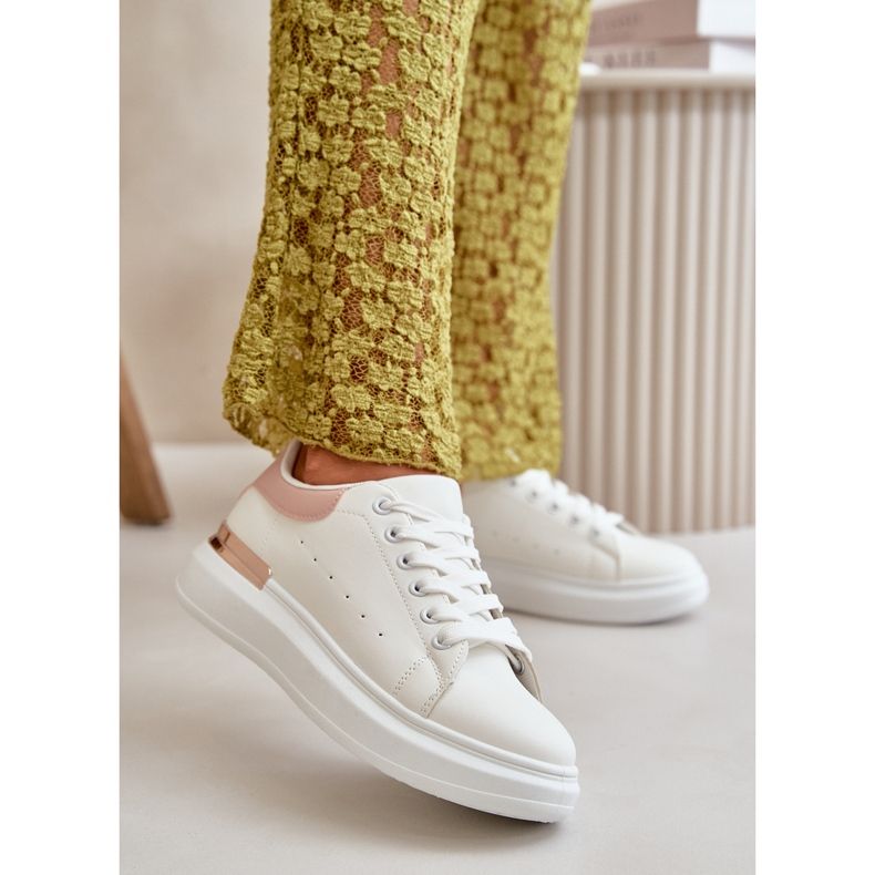 Ženske niske tenisice na platformu od eko kože bijele i roze boje Nevelena bijela 2