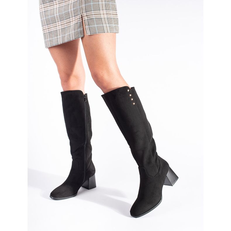 Crne čizme s visokom petom od brušene kože crna 2