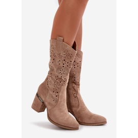 Ženske ažurne kaubojske čizme na visoku petu od eko brušene kože bež S.Barski HY42-028 1