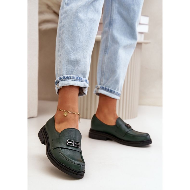 Zazoo 20174 kožne elegantne ženske cipele s ravnom petom, tamnozelene zelena 2