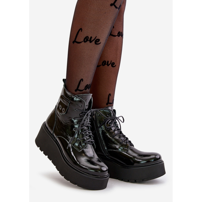 Zazoo 60499 Lakirane ženske čizme na platformu i tanku toplu prirodnu kožu tamno zelene crna 1