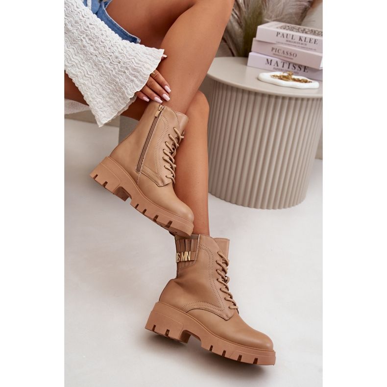 Ženske radne gležnjače s patentnim zatvaračem, na vezanje, bež eko koža Naolani 2