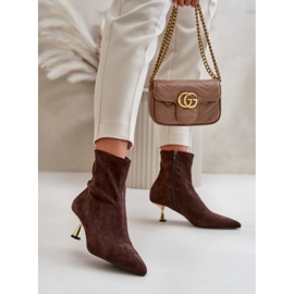 Ženske čizme na visoku petu od eko brušene kože sa špicastim vrhovima Smeđe Irithare smeđa 2