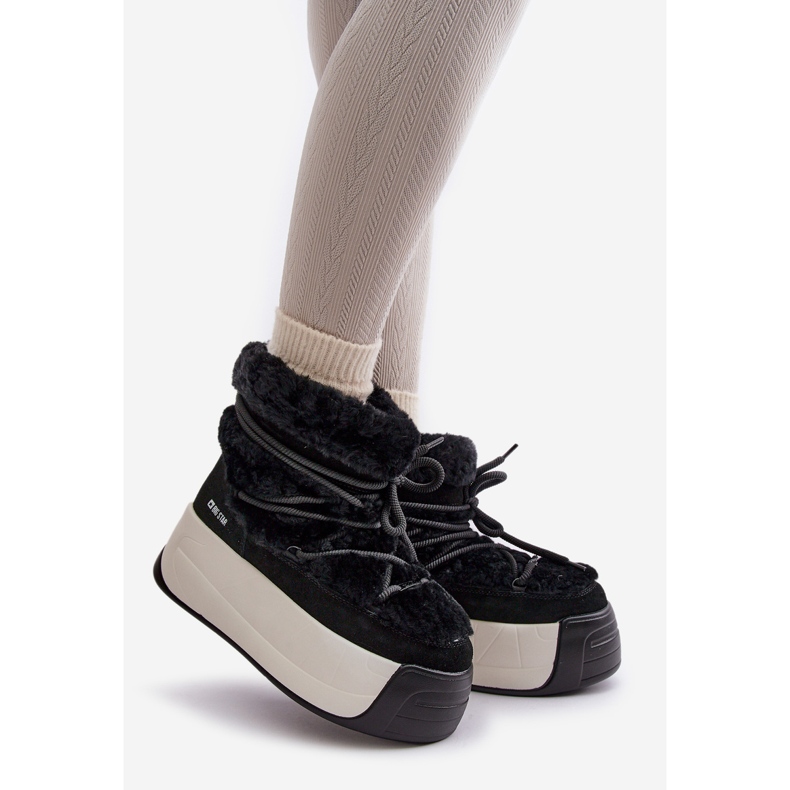 Big Star Ženske kožne čizme za snijeg na debelom potplatu s krznenom velikom zvijezdom OO274A206 crne crno 1